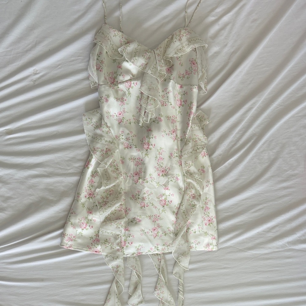 Women’s Floral Ruffle Silky Slip Dress - Cream and Pink
